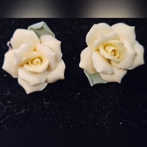 Yellow Rose Porcelain Clip Back Earrings